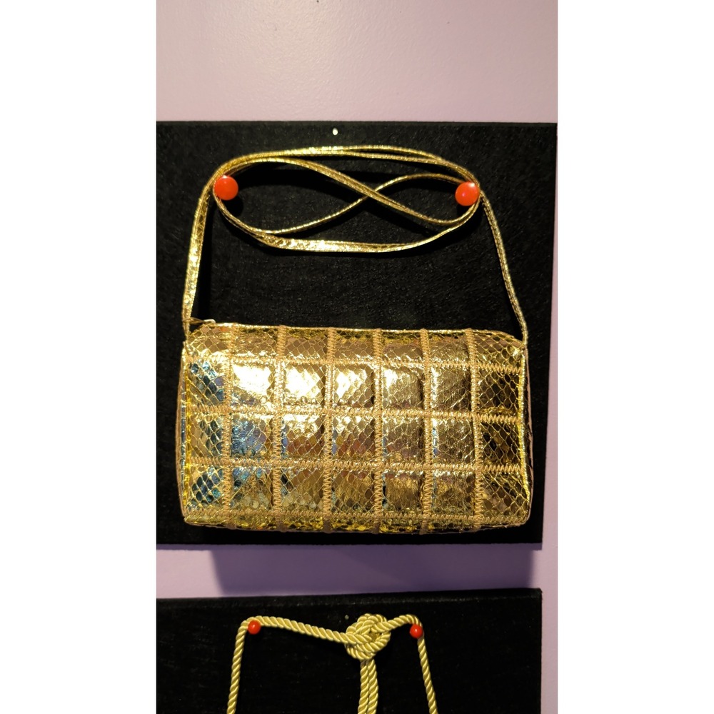 Vintage Lee Sands Gold Genuine Snakeskin Quilted Shoulder Bag 80s Glam Retro